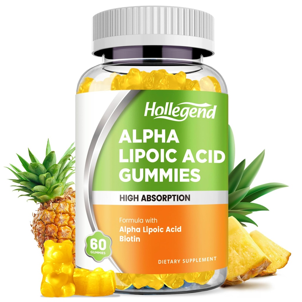 Alpha Lipoic Acid Gummies 1000Mg עם biotin, High Absorption Chewable ALA תוספת עבור Antioxidant, Brain Health and Nerve תמיכה, Pineapple Flavor, סוכר חינם, 60 צ'אדות