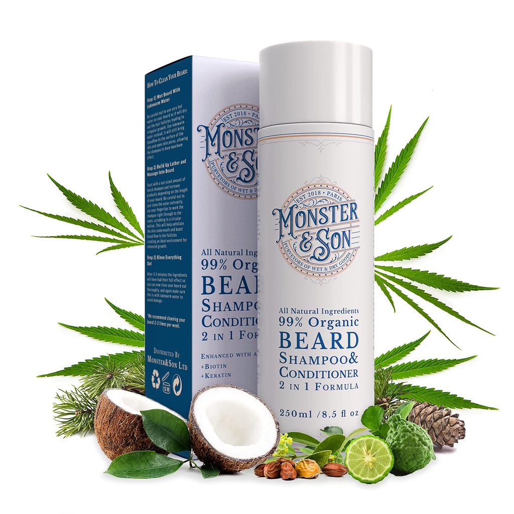 Monster &Son Organic Beard Shampoo & Conditioner 2 ב 1 - Beard Wash with Conditioning for Men - Gentle Face Cleanser for Sensitive Skin - Hypoallergenic, Paraben & Sulphate חינם - זמן ארוך נמשך 250 מ"ל