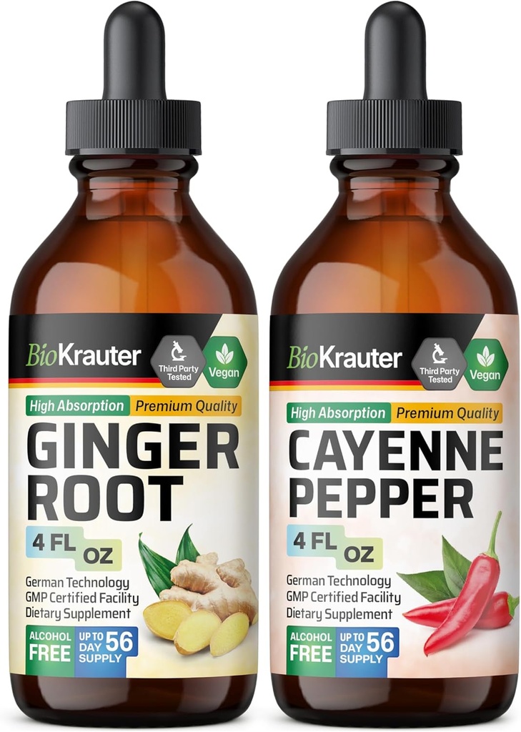 BIO KRAUTER ג'ינג'ר Root Tincture 4 Fl. Oz. & Cayenne Pepper Tincture 4 Fl. Oz.