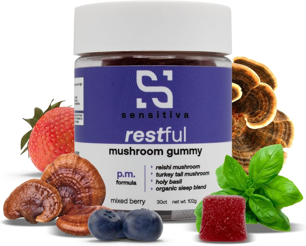 Sensitiva Restful Mushroom Gummies P.M. פורמולה - Reishi & טורקיה Tail Mushroom תוספת חניכיים, Mushroom חניכיים לשינה, רגיעה & Stress הקלה (Mixed Berry P. Formula)