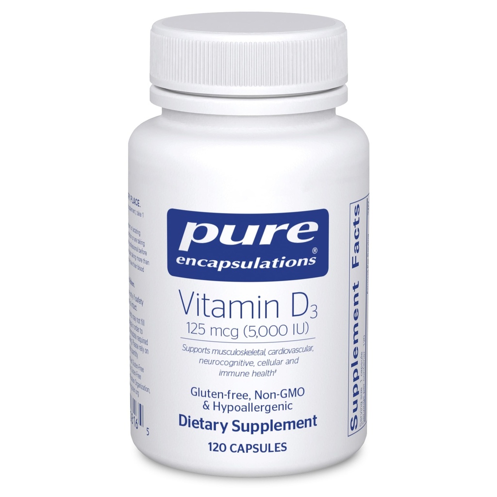 Pure Encapsulations ויטמין D3 125 mcg (5,000 IU) - תוספת לתמיכה העצם, משותף, חזה, לב, קולון ובריאות החיסון * - עם ויטמין D - 120 קפסולות