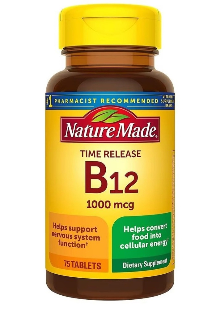 הטבע יצר ויטמין B12 1000 mcg, תוספת תזונתית לתמיכה במטבוליזם אנרגיה, שחרור זמן, 75 טבליות.