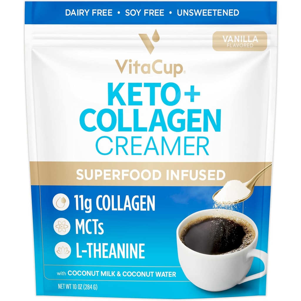VitaCup Keto + Collagen Coffee Creamer Vanilla Flavor עם MCT, חלבון קולג'ן, קוקוס מים, L-theanine for Keto Diet, Use in Coffee, Smoothies, & Shakes, חלב חינם, Gluten-Free, Soy-Free, 10ozine for Keto Diet, Use in Coffee, Smoothies, & Shakes, Milk-Free, Gluten-Free, Soy-Soy-Soy-Free, 10oz