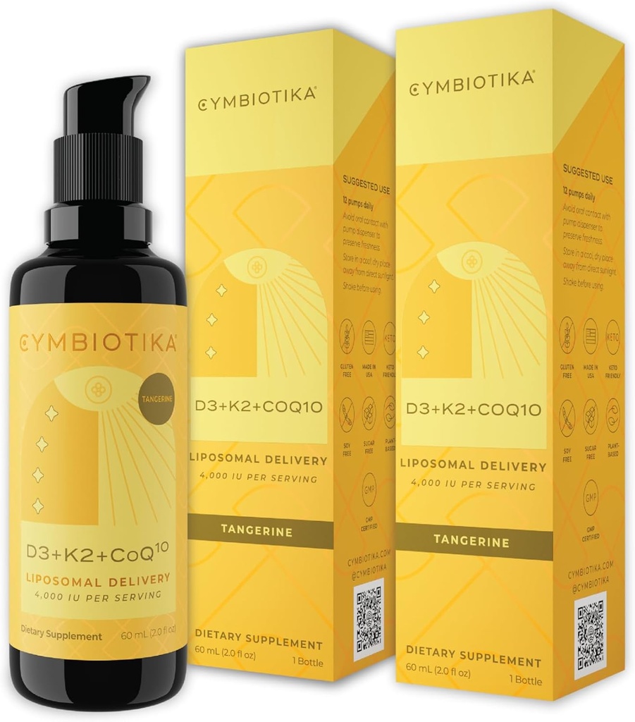 CYMBIOTIKA ויטמין D3 + K2 + CoQ10 נוזל, ויטמין D תוספת לתמיכה ב-Immune, Heart Health & Bone Health, Energy Booster, Liposomal Delivery, Vegan, Tangerine Flavor, 2pck (4.0 floz).