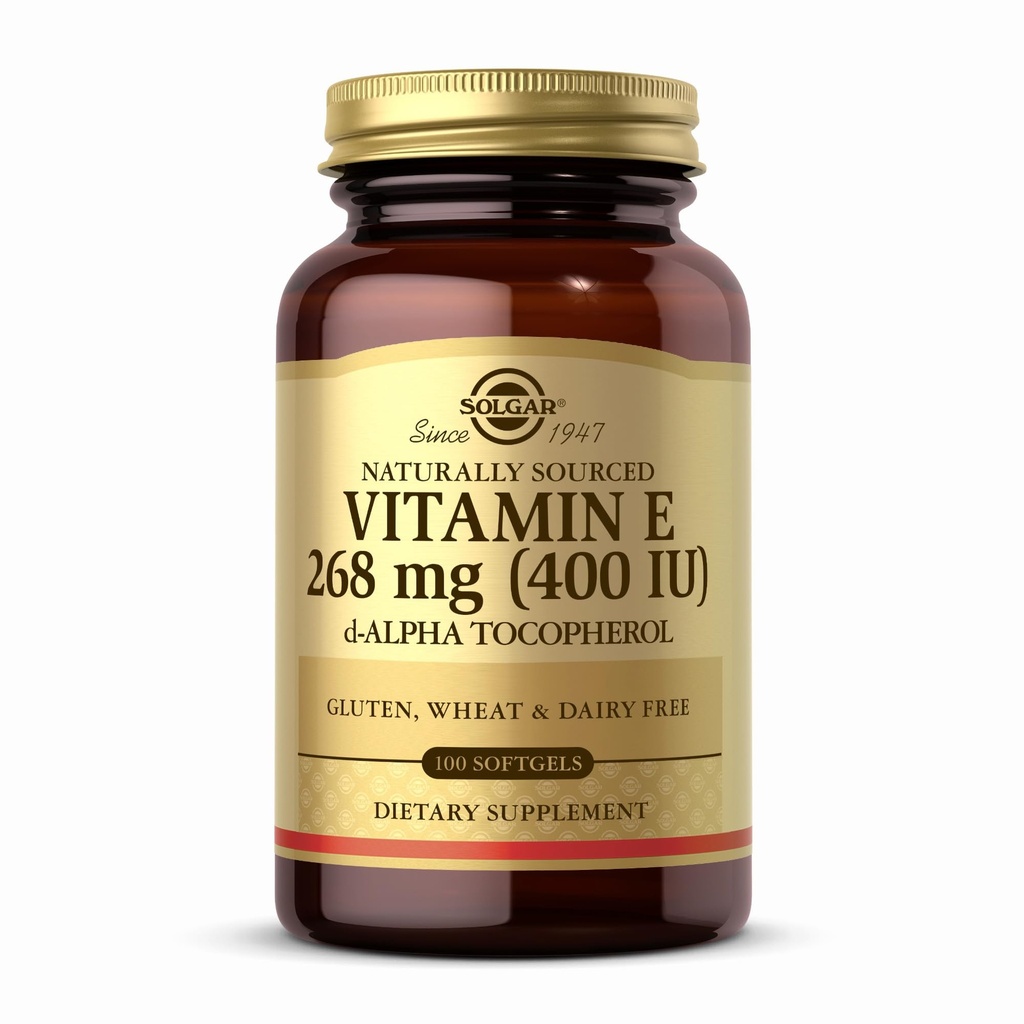 Solgar ויטמין E 268 מ"ג (400 IU) - 100 Softgels - באופן טבעי מקורו ויטמין E כמו d-Alpha Tocopherol - Gluten Free, Milk - 100 משרתים