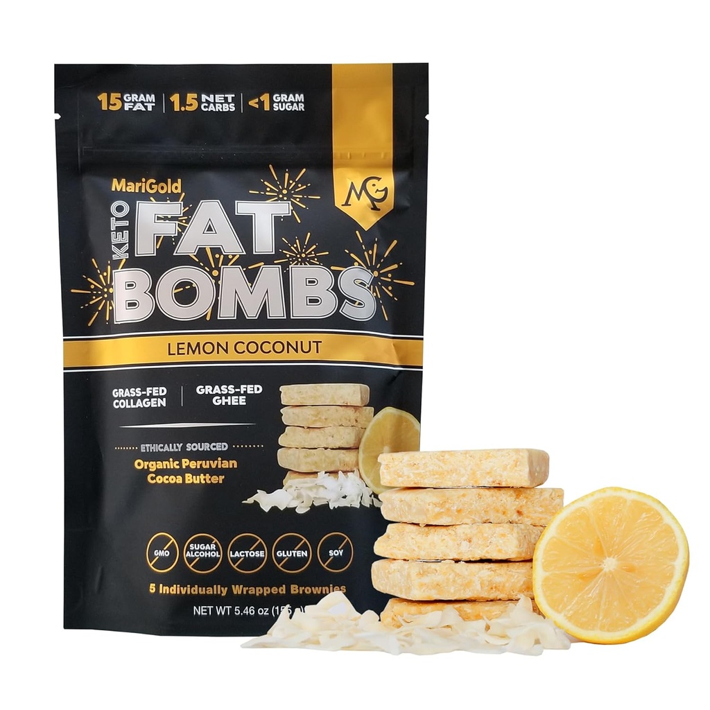 MaryGold Keto Fat Bombs - Lemon קוקוס - Low Carb, Collagen Rich, Grass-fed Ghee, Organic Cocoa Butter, Gluten-Free, non-GMO (1, 5 משרתים)