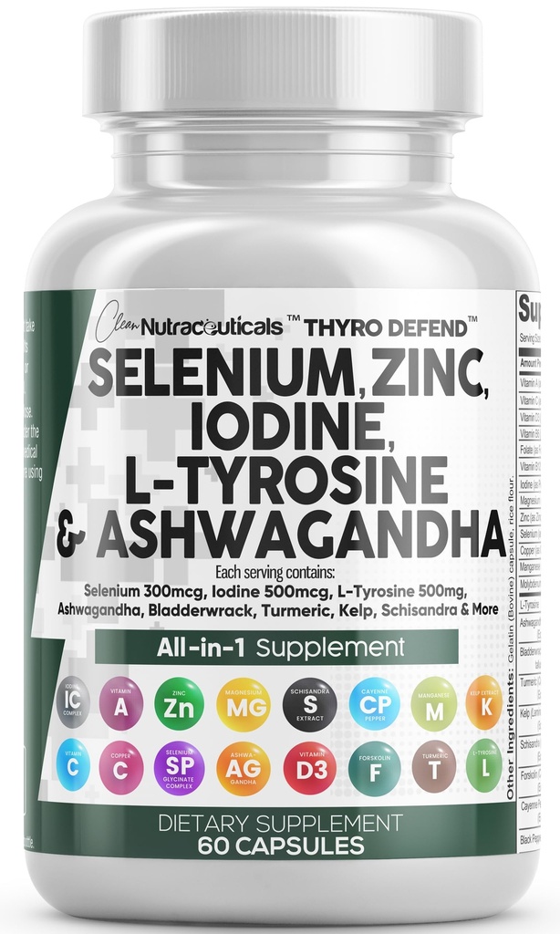 Nutra Selenium 300mcg Iodine 500mcg Thyroid תמיכה עבור נשים וגברים | L Tyrosine 500 מ"ג Ashwagandha תוסף Bladderwrack, Turmeric, Kelp, Schisandra Zinc Pills כמוסות