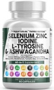 Nutra Selenium 300mcg Iodine 500mcg Thyroid תמיכה עבור נשים וגברים | L Tyrosine 500 מ"ג Ashwagandha תוסף Bladderwrack, Turmeric, Kelp, Schisandra Zinc Pills כמוסות