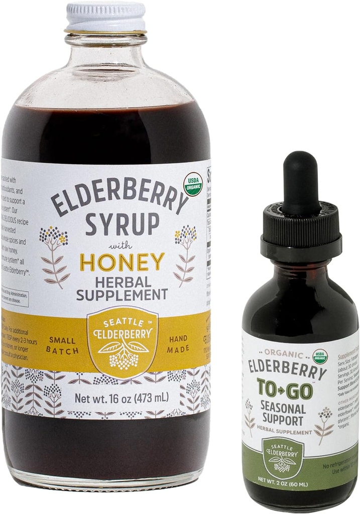 Herbal תוסף Starter Set - בקבוק 16oz של Elderberry סירופ עם דבש ו 2oz בקבוק של Elderberry to-Go Seasonal תמיכה עשוי רק תרכובות אורגניות בארה"ב