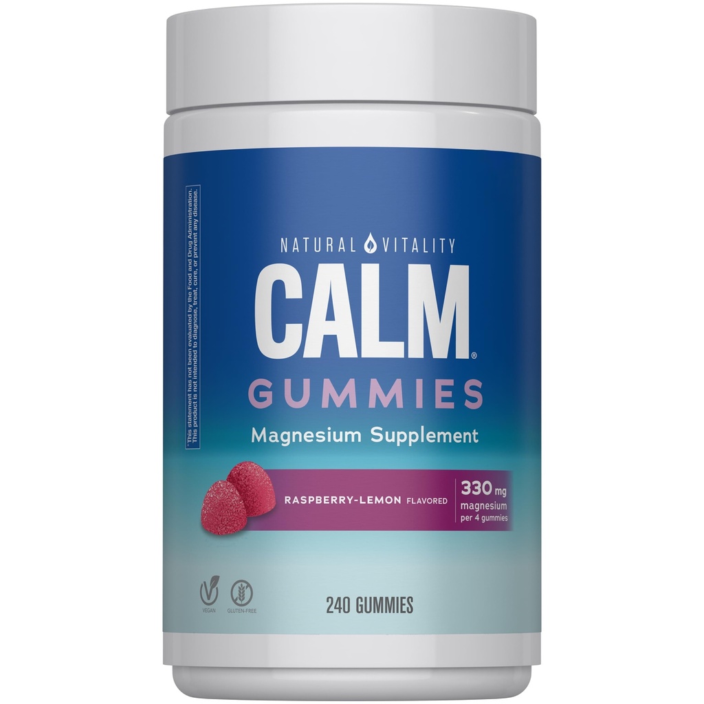 Natural Vitality Calm, Magnesium Citrate תוסף, Stress Relief Gummies, תומך תגובה בריאה ללחץ, גלוט חינם, טבעוני, פטל לימון פלמורed, 240 מסטיקנים