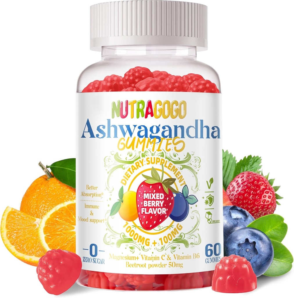 Ashwagandha Gummies & ויטמין D3 Gummies 60 Count - אורגני Aswangdha תוסף לשיפור שינה, לחץ הקלה ו Mood Calm (Mixed ברי, טבעוני, מבוסס צמחים, gluten-Free & Gelatin חינם)-1pack