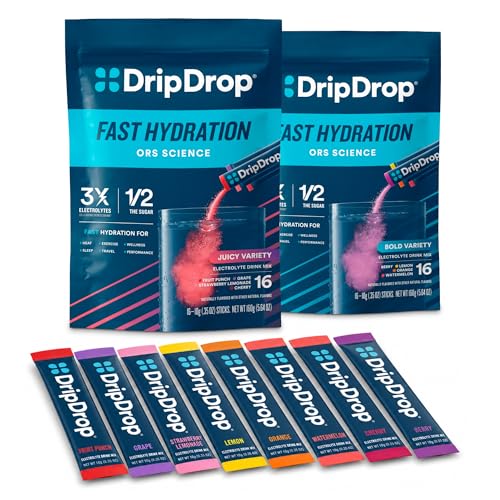 DripDrop hydrotion - Electrolyte אבקת Packets - Watermelon, ברי, לימון, כתום, פירות Punch, Grape, Strawberry Lemonade, Cherry - 32 Count