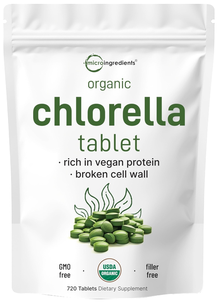 טבליות Chlorella אורגני, 500mg Per Tablet, 720 Tabs (360 גרמים), 4 חודשים אספקה, Broken Cell Wall, Rich in Vegan חלבונים וויטמינים, No Filler, No Additives & Non-GMO | Pure Green Algae Superfood