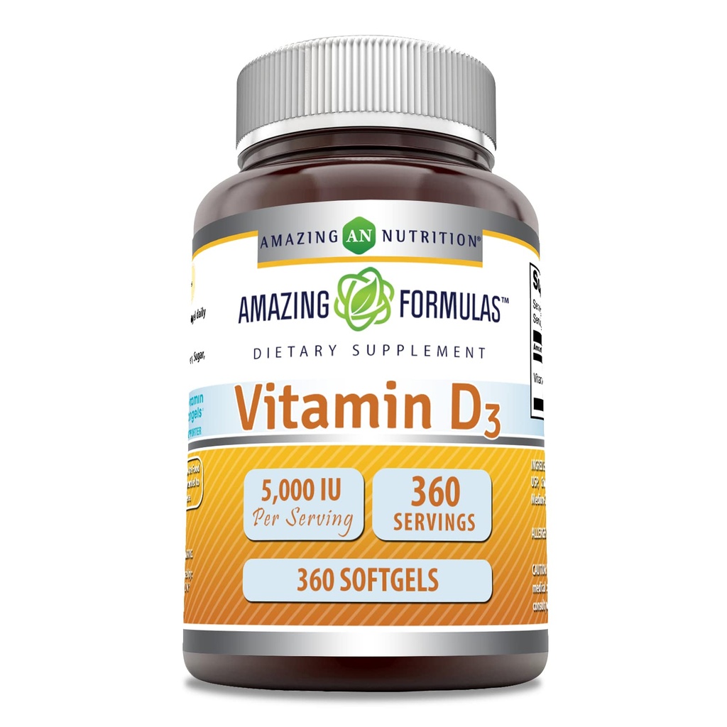 פורמולה מדהימה ויטמין D3 (Cholecalciferol) תוסף | 5000 IU לכל משרת | 360 Softgels | Non-GMO | Gluten-Free | Made in USA