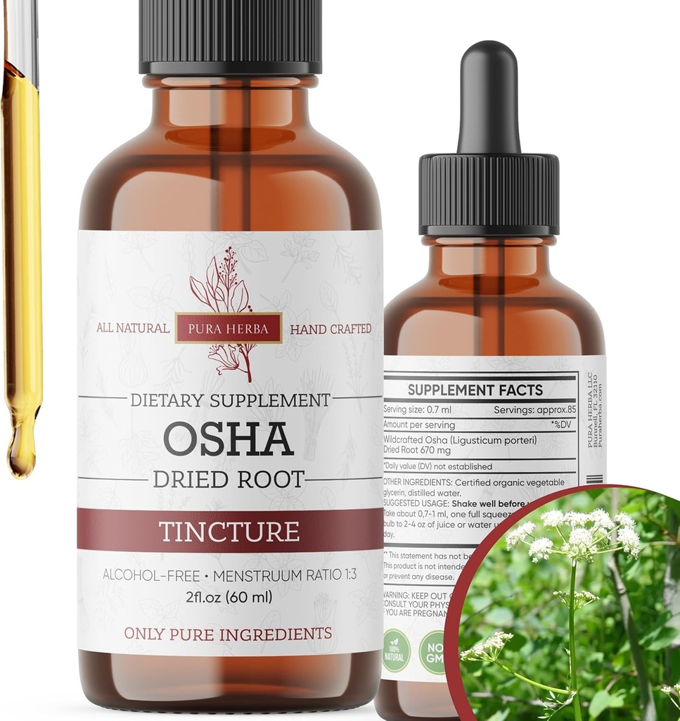 אורגני OSHA Root Tincture - תמיכה נשימת טבעית - מזון נוזלי ללא אלכוהול - טבעוני, לא GMO, מיוצר בארה"ב - 2 Fl Oz