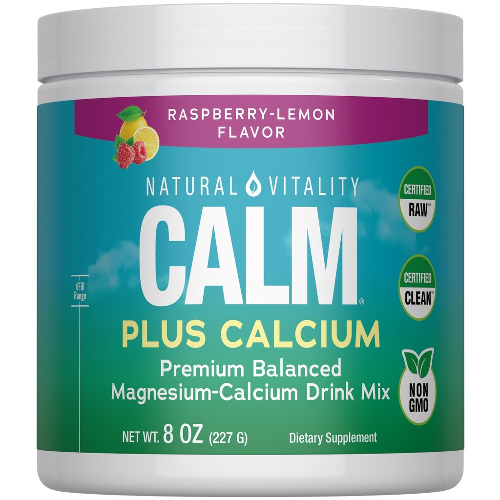 Natural Vitality CALM Magnesium לשתות Mix Plus Calcium, אבקת משקה אנטי-Stress, עם Calcium, Vegetarian & Non-GMO, Raspberry לימון, 8 oz