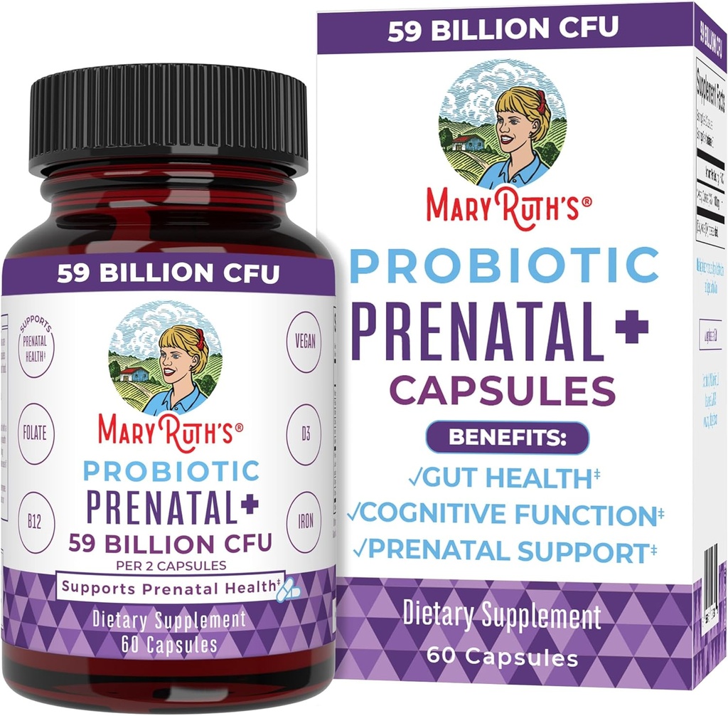 MaryRuth Organics Prenatal ויטמינים & Probiotics | 59 מיליארד CFU | ויטמין D3 & B12 | Iron | Folate | Selenium | Choline | Non-GMO | 60 קפסולות