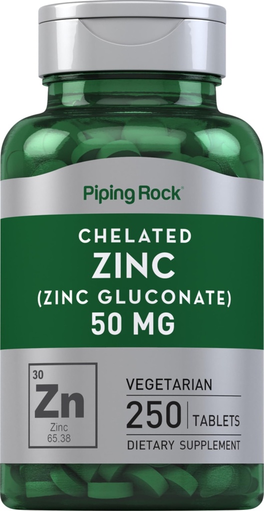 Piping Rock Chelated Zinc 50 מ"ג | 250 טבליות | Gluconate | Vegetarian, non-GMO, Gluten Free Supplement