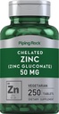 Piping Rock Chelated Zinc 50 מ"ג | 250 טבליות | Gluconate | Vegetarian, non-GMO, Gluten Free Supplement