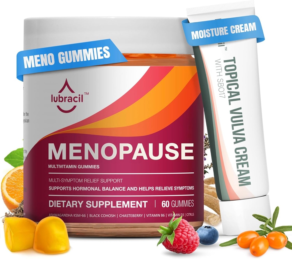 Lubracil Menopause Gummies & Topical Vulva Cream Bundle - תמיכה ללא הורמונים עבור פלאשים חמים, Vaginal יבש, גירוד, Mood Swings & Nights with Black Cohosh, Ashwagandha, אומגה 7 & ויטמין E E