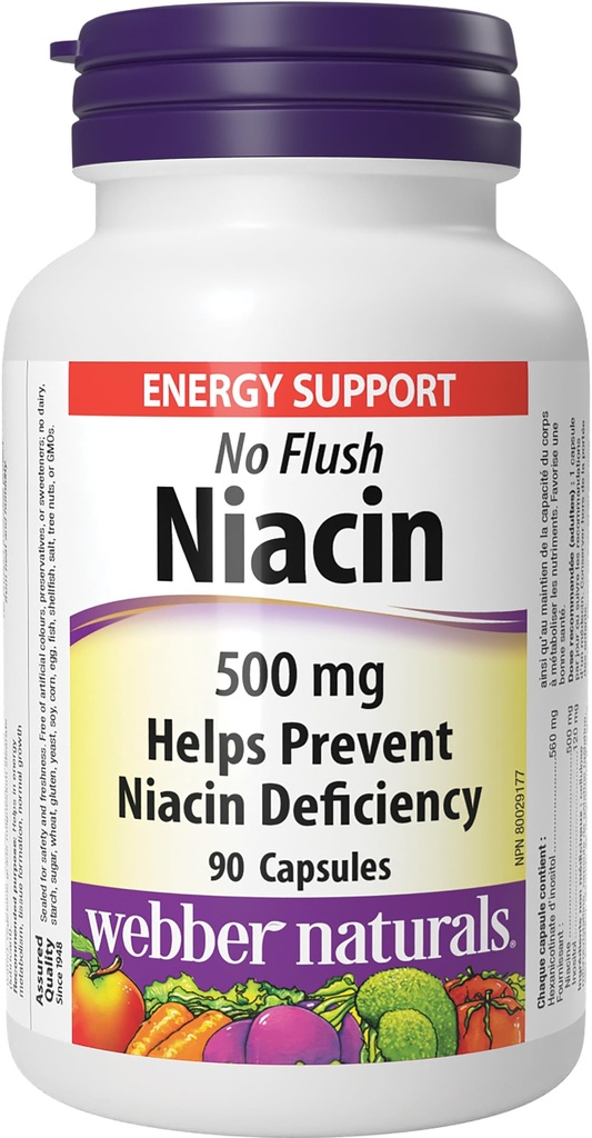 Webber Naturals No Flush Niacin ויטמין B3 כמוסות, 500 מ"ג 90
