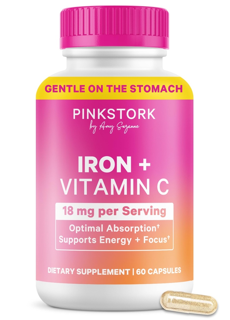 Pink Stork Prenatal ברזל תוספת לנשים - 18 מ"ג ללא הסכמה של ברזל ווויטמין C עבור הריון, Postpartum, & Breastfeeding - Focus, Fatigue, & Blood Cell הפקה - 2 חודשים אספקה