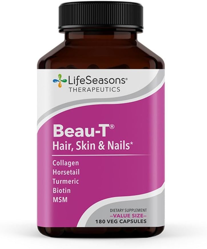 Life Seasons Beau-T - שיער, ריח, ו- Skin תוסף - מקדם שיער בריא וגידול ריחני - תמיכה Clear Skin & Fights Acne - Nailener - מכיל biotin Collagen Turmeric - 180 קפסולות