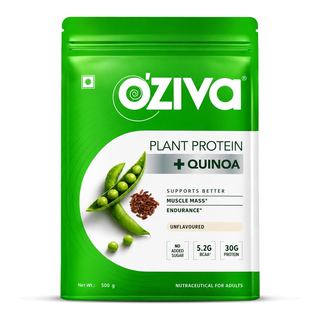 אבקת חלבון צמחי אורגני של OZiva | 500 Gm | (30 גרם חלבון טבעוני - Pea Protein a, Brown Rice Protein & Quinoa, Soy Free) עבור כל יום, Boosts Immunity, Unflavored (1.1 lb)