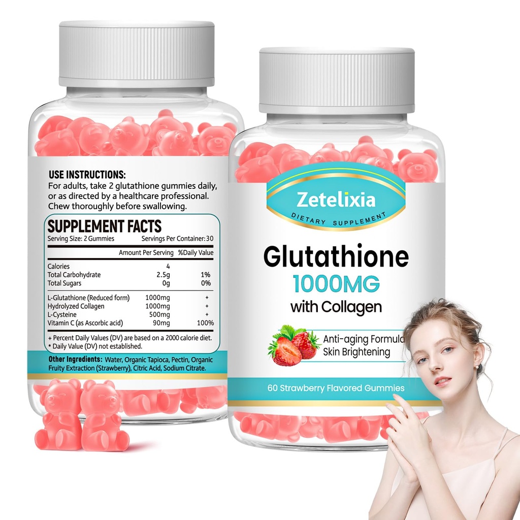2 Pack Glutathione Collagen Gummies, Collagen Gummies עם ויטמין C, Glutathione תוספת לנשים, שיער עור נושר שרירים ופרק, Anti-Aging, טבעוני, סוכר חינם, Strawberry פלמור, 120 הרוזן ספירה