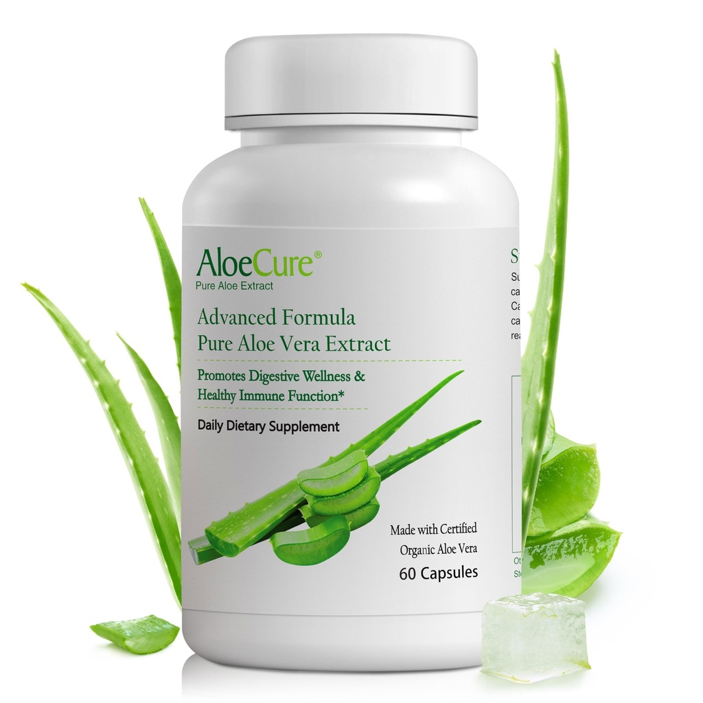 AloeCure אורגני Aloe Vera קפסולות, 160,000 מ"ג פנימי Aloe Leaf Equivalent לשרת, תמיכה Gut, Digestive ו Immune Health, מסייע לשמור על איזון חומציות Stomach, Aloin חינם, 60 קפסולות