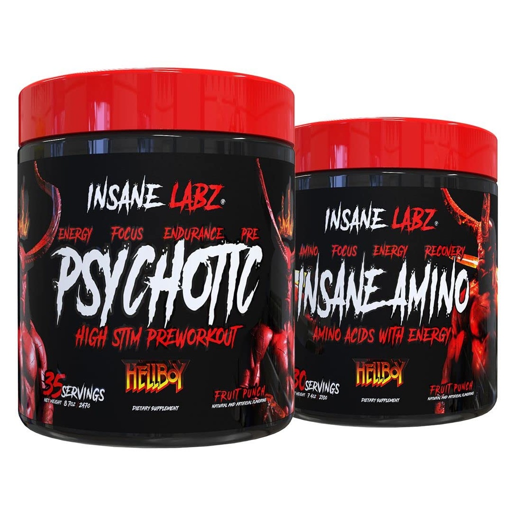 Insane Labz Hellboy Bundle, Psychotic Hellboy Pre Workout and Insane Amino BCAA, להגדיל את מסת השרירים, כוח, מיקוד ושיקום זמן, פירות