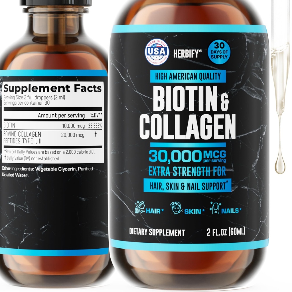 HerBIFY Collagen ו- Biotin נוזל טיפות - תוספי קיצור מהיר יותר לצמיחת שיער וציפורים חזקות יותר - שיער עור וציפור ויטמינים לנשים וגברים - B7 - מיוצר בארה"ב
