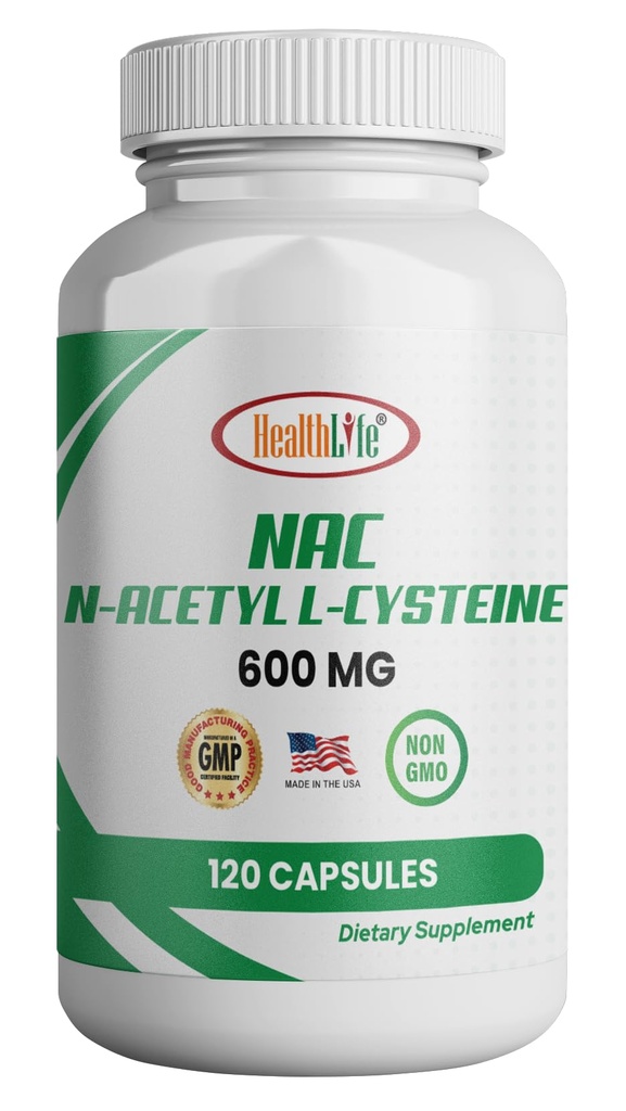 HealthLife N-Acetyl L-Cysteine (NAC) 600 מ"ג, 120 קפסולות - non-GMO, Gluten Free, 120 משרתות