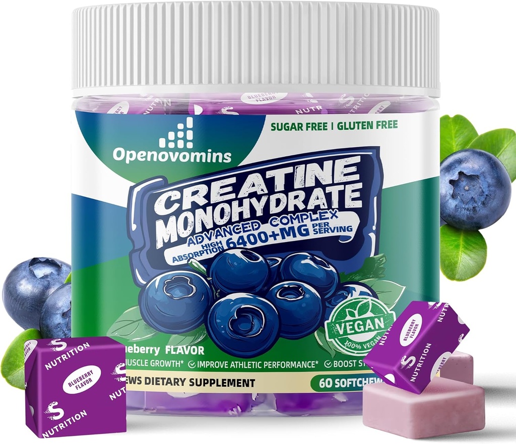 Creatine Monohydrate Soft Chews מורכב 6400 מ"ג עבור גברים ונשים - מתקדם פורמולה W / L-Taurine + ויטמין B12, סוכר חינם צ'ואו זמין, 60 Blueberry Softchews