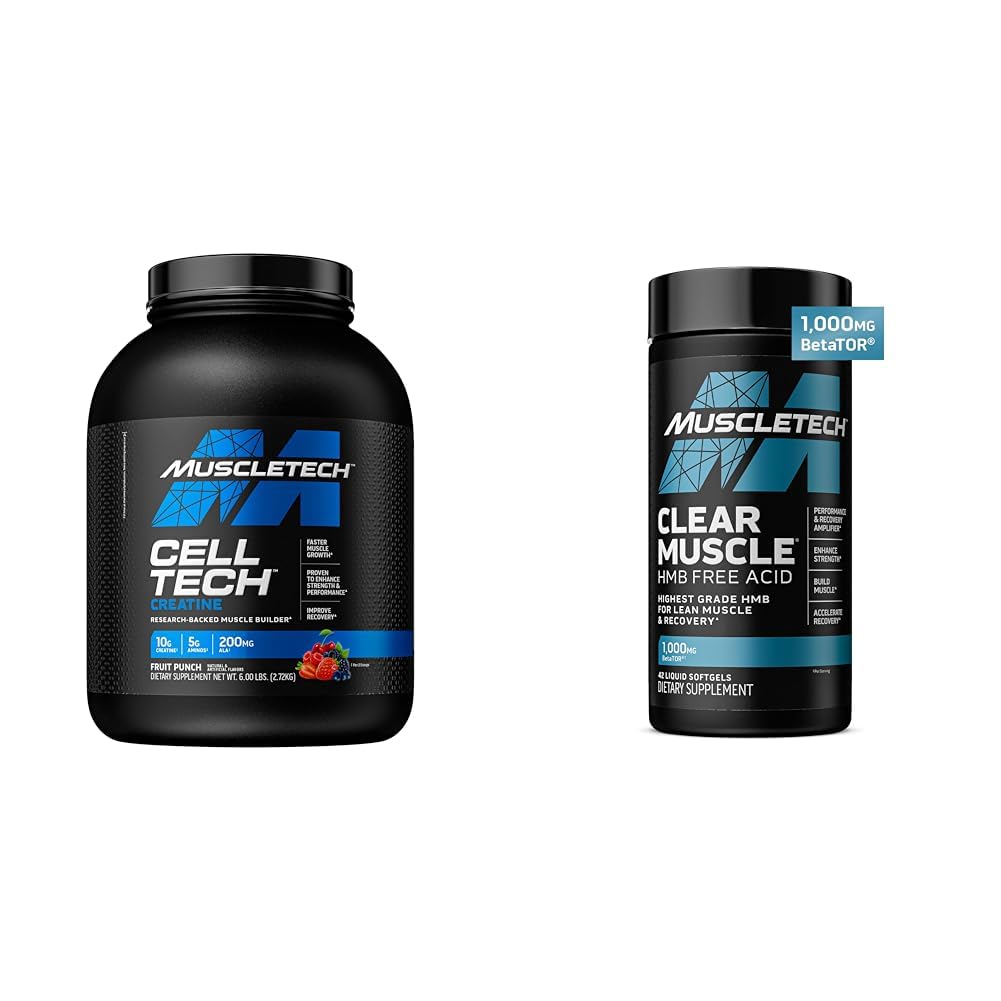 שריר צמחית Cell-Tech Creatine אבקה & Clear שריר HMB תוספי מזון, שריר בונה ומשתפת לגברים ונשים, 6 lbs אבקת & 42 Softgels