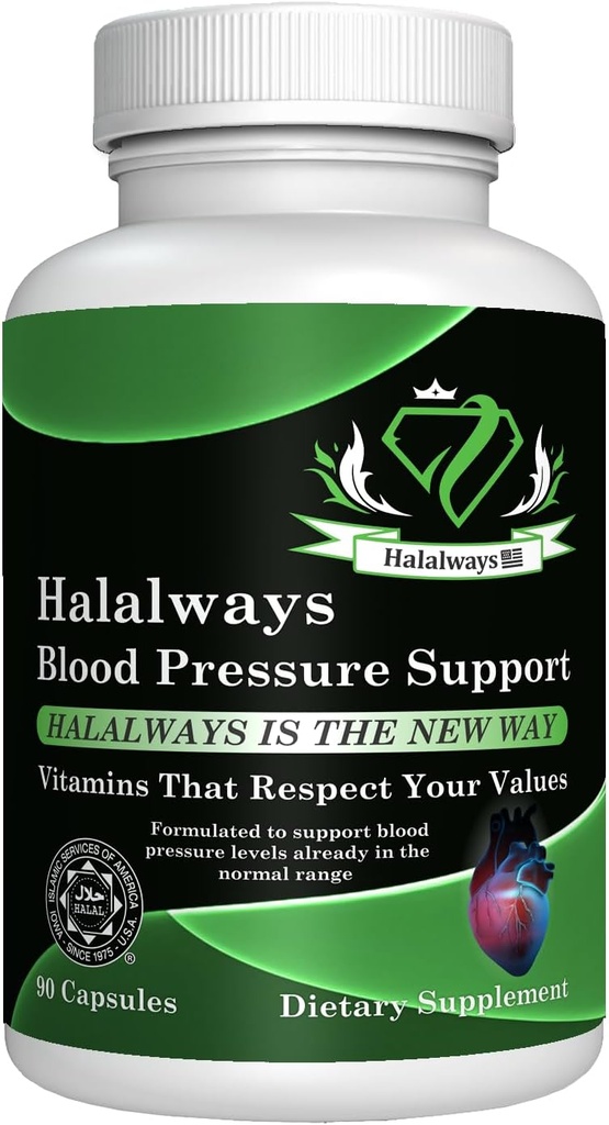 Halalways לחץ דם תומך תוספי הילה מוסמך באופן טבעי BP תמיכה עם אבקת Garlic Bulb, הותורן ברי, ירוק תה עלף Hibiscus ויטמינים עבור מתח בריא (BP)