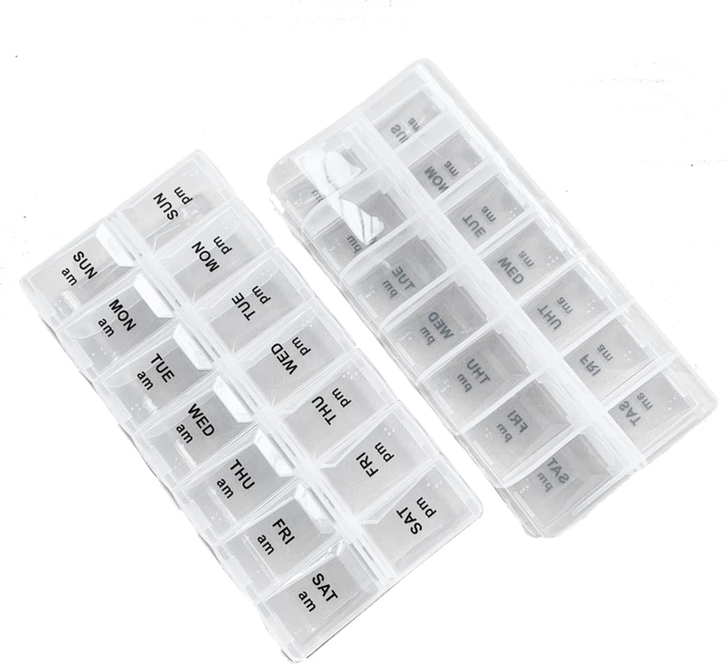 2 Pack OPP Clear Daily Pill Box מארגנת, מארגנת גלולות שבועיות 2 פעמים ביום עבור גלולות, תוספים ותרופות, Am Pm Pill מארגנת 7 יום, Ph Box 7 יום - 6.7 x 3.2 x 1 אינץ '