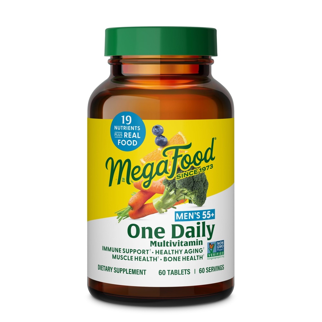 Mega Food's 55+ יום אחד - Multivitamin עבור גברים עם ויטמין B12, C, D & Zinc - תוספת תמיכה אופטימלית של Aging & Immune - Vegetarian - Made Without 9 Allergens - 60 Tabs