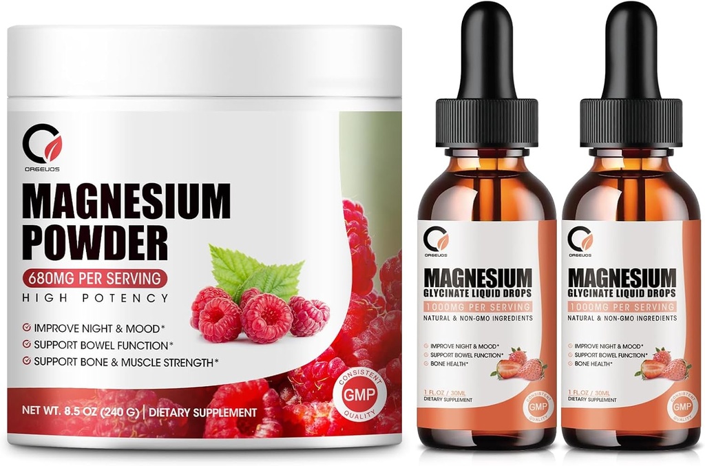 Magnesium Glycinate Drops & 680mg Magnesium Glycinate תרכובת אבקה עבור גברים ונשים, תמיכה אנרגיה, לילה, שרירים ותפקוד משותף, non-GMO, טבעוני