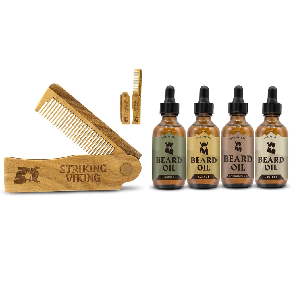 Beard Folding Wooden Comb ו 4 Pack Beard שמן לגברים - על ידי Striking Vikings