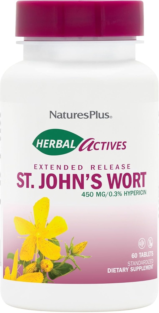 NaturesPlus Herbal Actives St. John's Wort Extended Release - 60 Tablet, Pack of 2 - תומך ב- Mood & Positive Outlook - Vegetarian, Gluten Free - 120 המשרתים המלאים