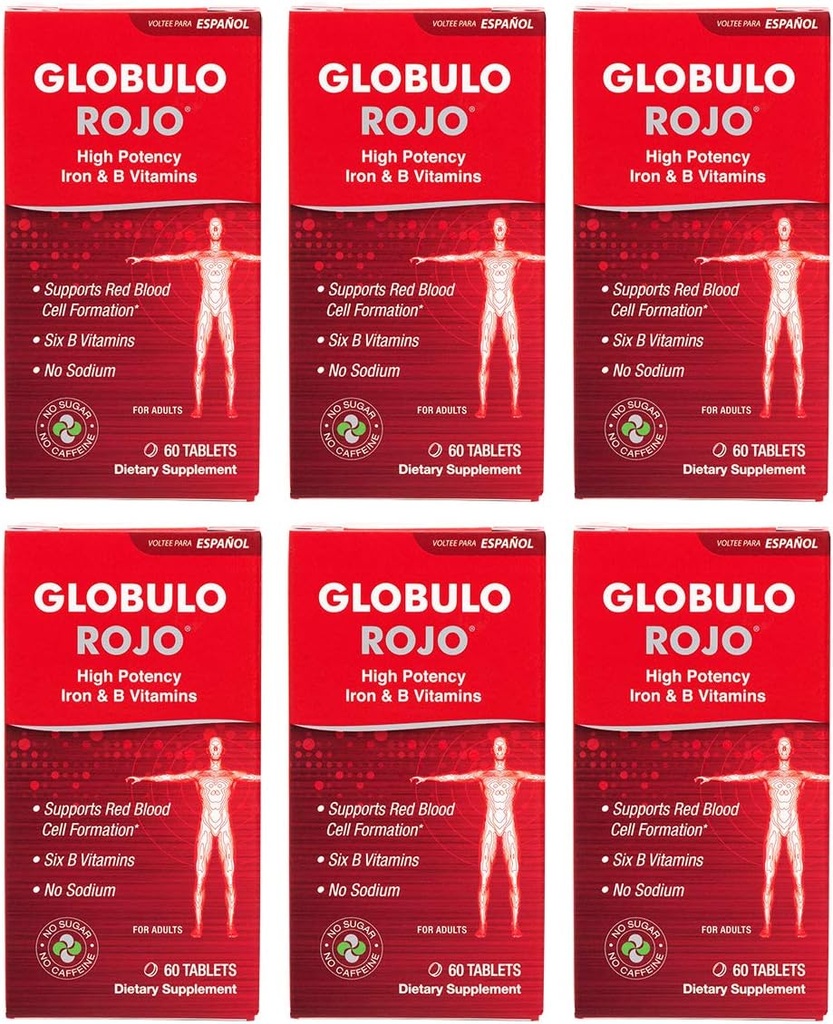 Globulo Rojo Iron תוסף - גלולות תוספת תזונתיות עם ויטמין ברזל ו B גבוה, 60 טבליות - 6 Pack