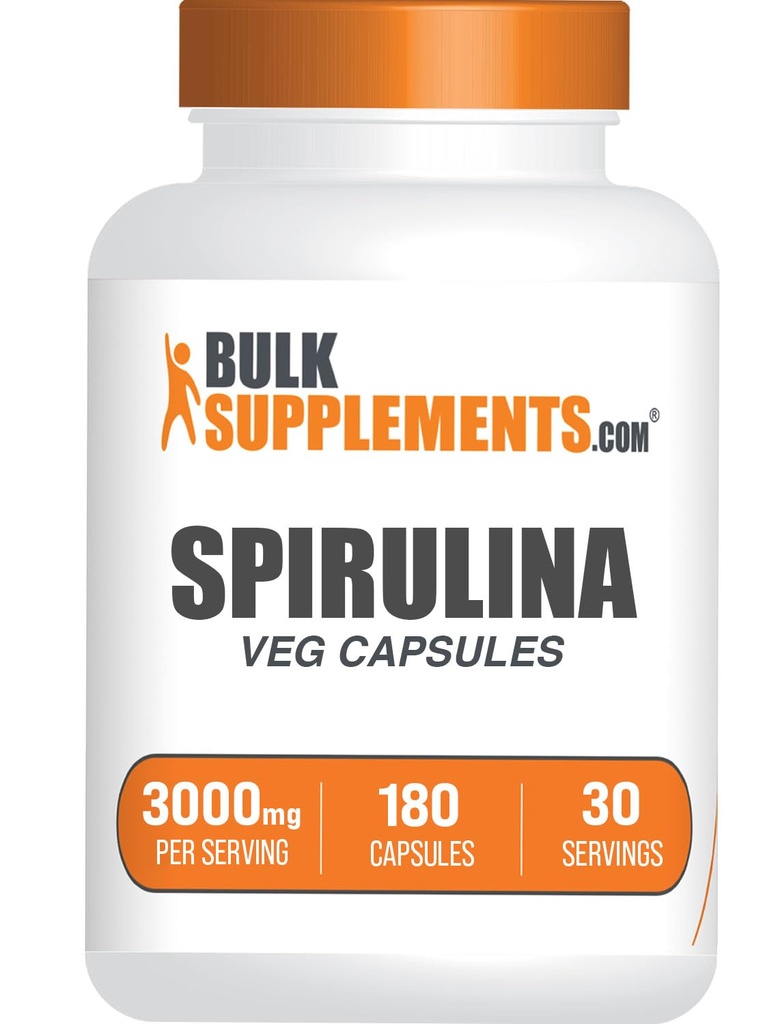 BulkSupplements.com Spirulina כמוסות - תוספי מזון ירוק, תוסף Spirulina - טבעוני, 6 קפסולות לשרת, 180 הרוזן (Pack of 1)