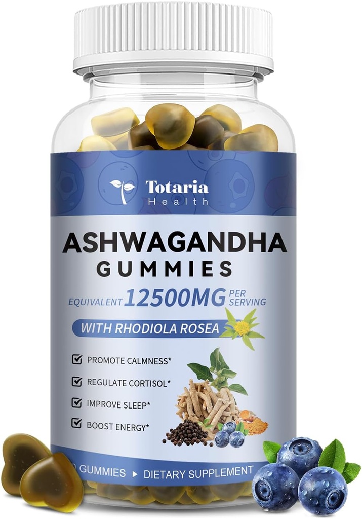 Totaria Sugar Free Ashwagandha Filled Gummies w/Vitamin D3, Magnesium Glycinate, Rhodiola, Ultra Strength Ashwa Root Supplements for Women & Wen, for Relaxation, Energy, Cortisol Gummies