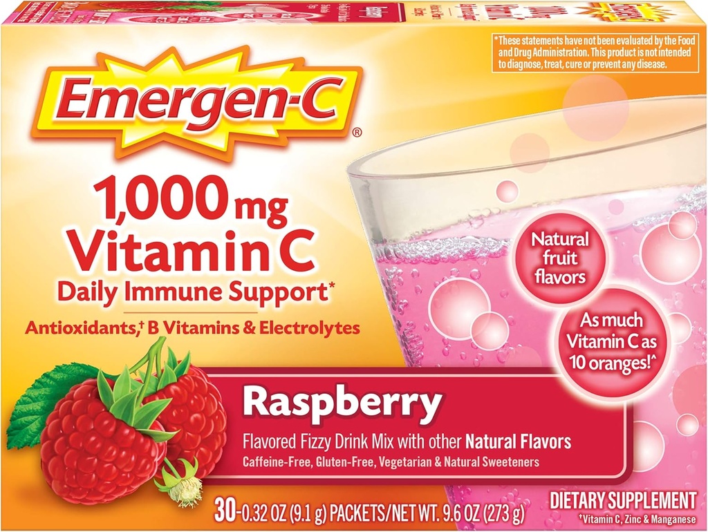 אקסן-C 1000 מ"ג ויטמין C אבקה, עם Antioxidants, B ויטמינים ואלקטרוליטים, תוספי Immunity לתמיכה ב-Immune, Caffeine Free Fizzy Drink Mix, Raspberry Flavor - 30 Count/1 חודש אספקה