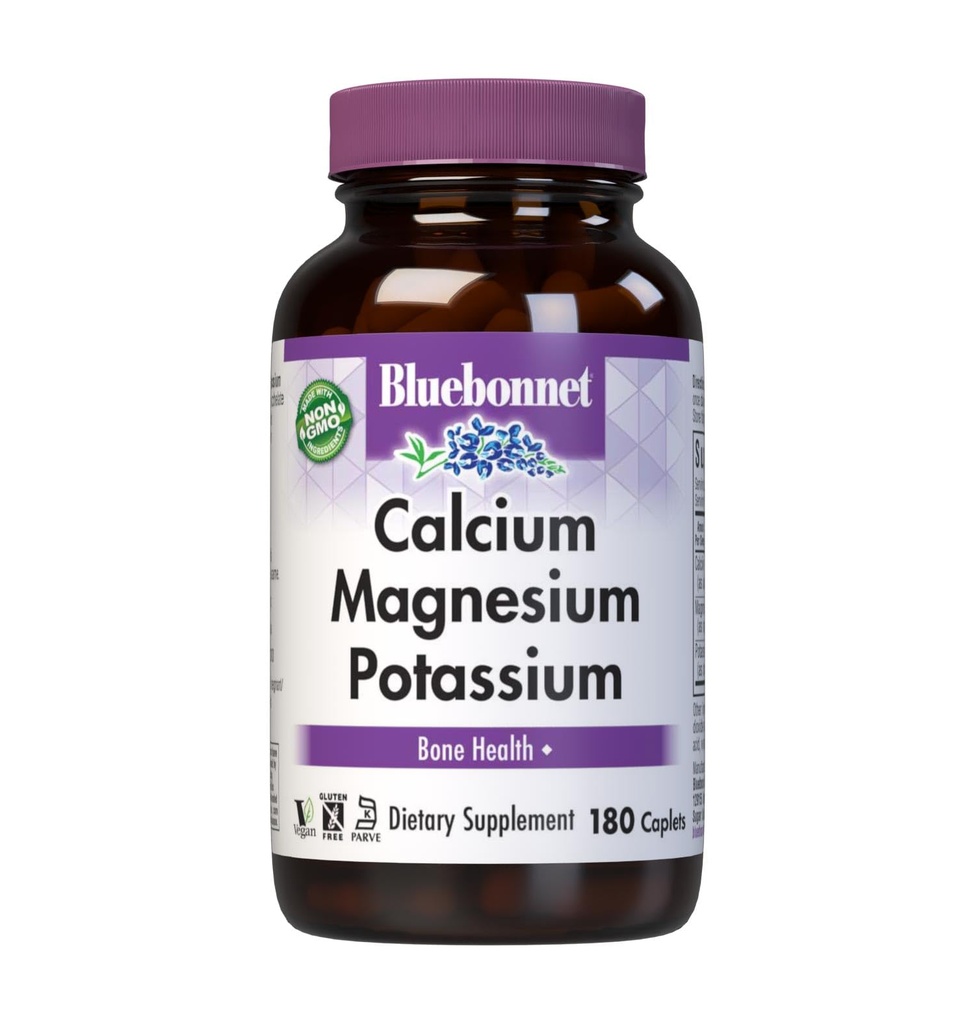 Bluebonnet Calcium Magnesium Potassium תוסף לנשים וגברים - תומך עצמות בריאות - Calcium 1000 מ"ג מינרלים תוספת Chelate Form - Non-GMO, טבעוני, Gluten-Free - 180 Caplets