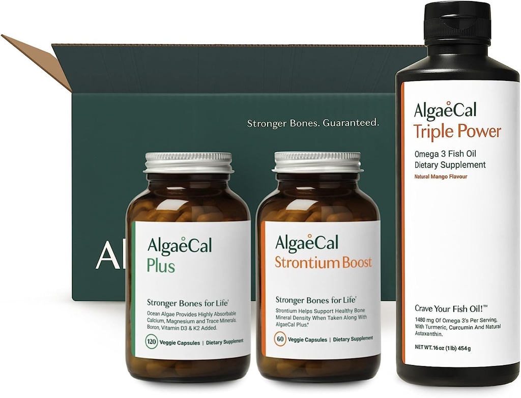 ALGAECAL ברוכים הבאים Kit - Bone Builder Pack, Plant Based Calcium Supplement & Strontium, 16 חומרים מזינים לבריאות העצם + EPA & DHA אומגה 3 שמן דגים, תמיכה המוח, העור ועצמות, המיוצר בארה"ב
