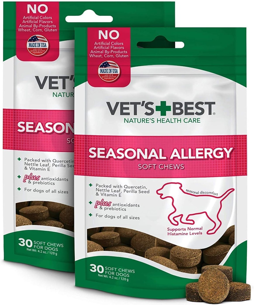 Allergy Soft Chew dog Supplements | Soothes Dogs Irritation בשל אלרגיות עונתיות | לשמור על רמות Histamine | 50 טבליות Chewable, 30 Count (Pack of 2)