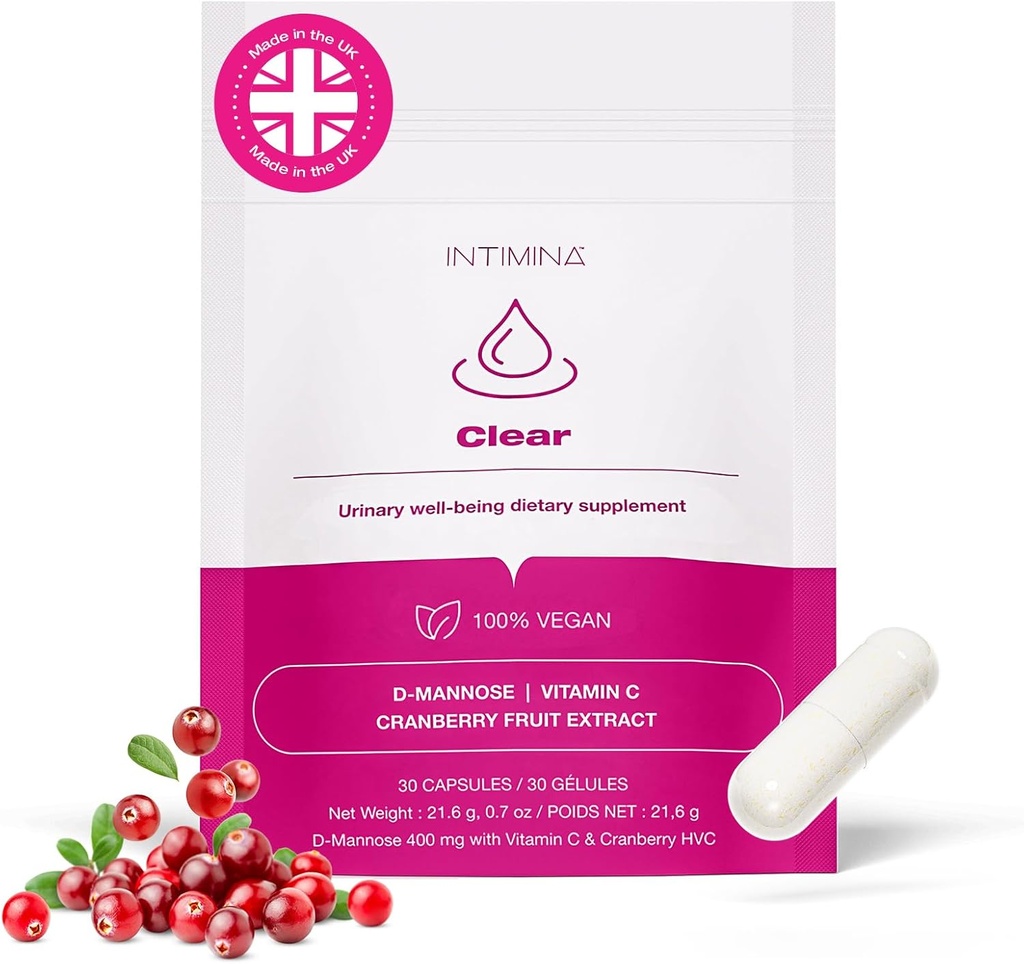 INTIMINA Clear - תוספת של נשים לבריאות שתן עם תמצית Cranberry, D-mannose & ויטמין C עבור UTI מניעת UTI ו- Bladder WellBeing, Bladder Supplement Controls, Bladder Support for Women