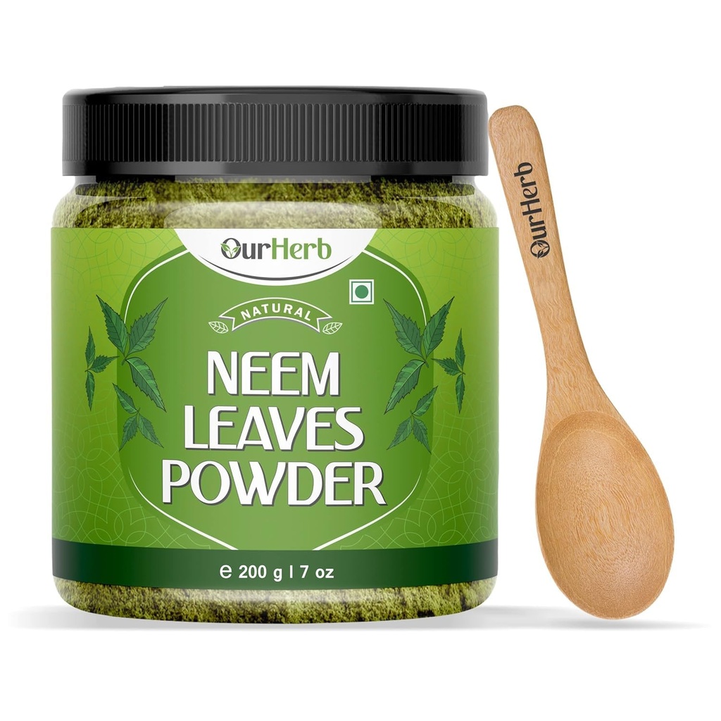 טהור Neem Leaves אבקת פתרון טבעי עבור עור בהיר ללא תשלום שיער משיי, אידיאלי עבור Face Packs, שיער טיפול, ותמיכה החזירה עם Wooden Spoon - 200g | 7.04 Oz Oz